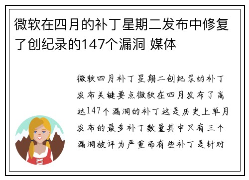 微软在四月的补丁星期二发布中修复了创纪录的147个漏洞 媒体